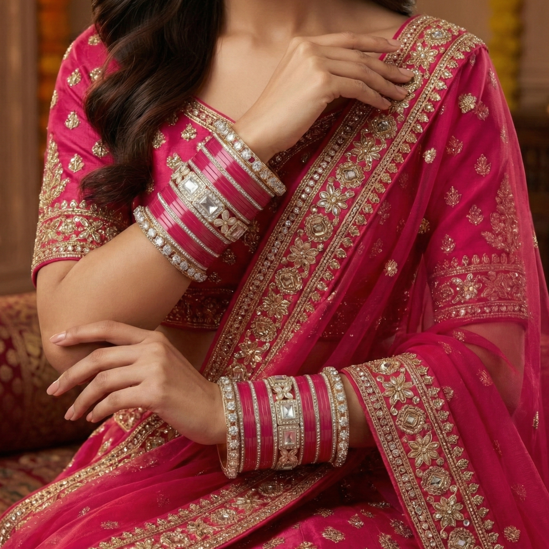 AYSIMA Rangini Rani Pink Bridal Bangles for Women | Floral Kada Wedding Bangle Set