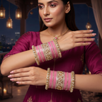 AYSIMA Gauri – Pink Bridal Bangle Set with Gold-Tone Floral Kadas - 42 pieces