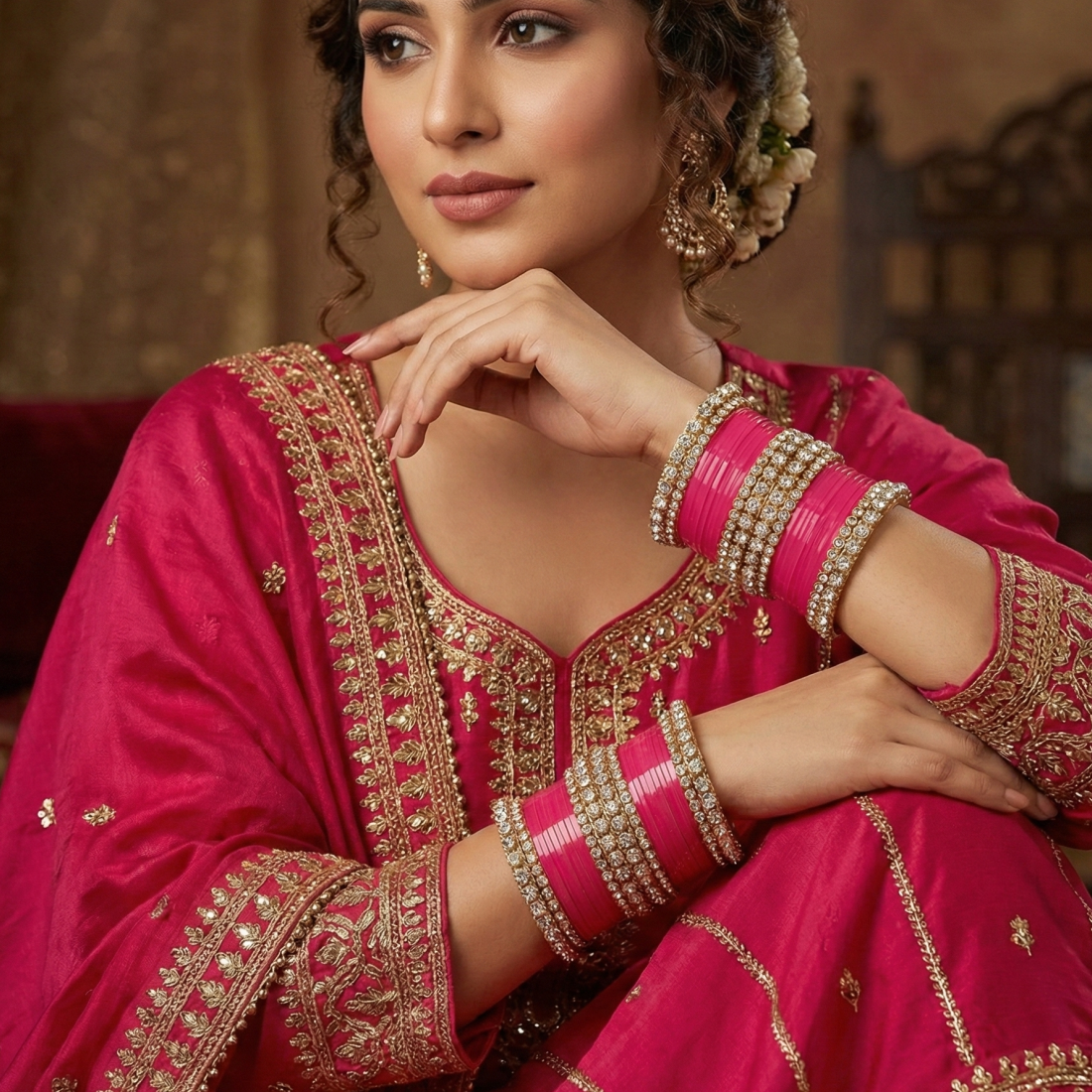 AYSIMA Rani Gulab – Fuchsia Pink 56-Piece Bridal Bangle Set with Statement Kada
