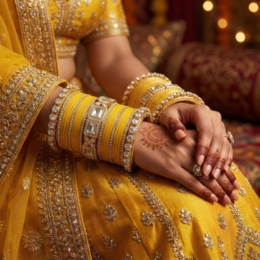 AYSIMA Peetika Yellow Haldi Bangle Set for Women | Bridal Bangles & Floral Kadas