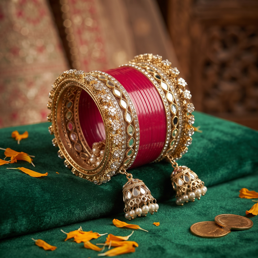 AYSIMA Chandni – Rani Pink Bridal Bangle Set with Jhumka Charms - 36 pieces