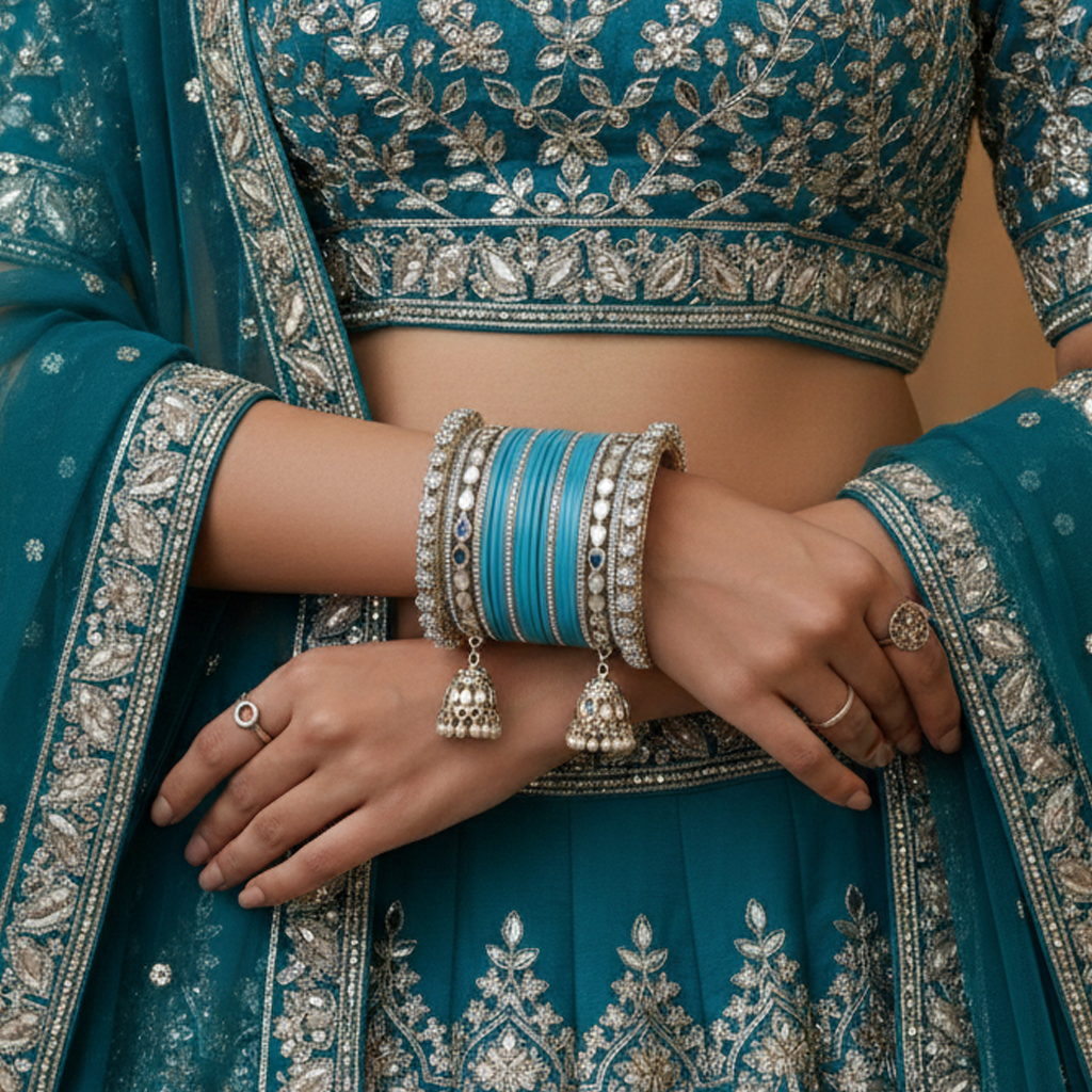 AYSIMA Neelakshi – Aqua Blue Bridal Bangle Set with Mirror-Look Kadas & Jhumka Charms - 40 pieces