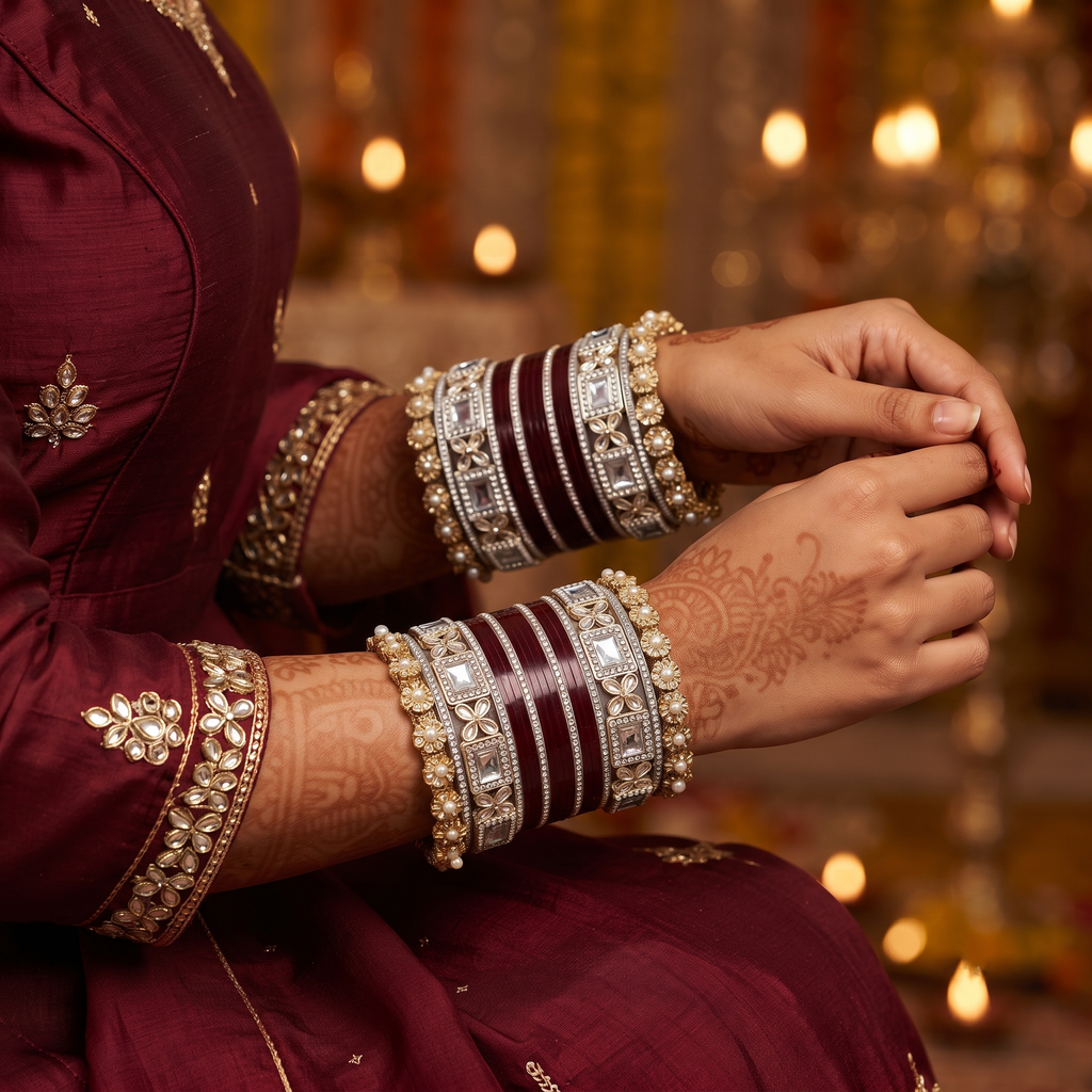AYSIMA Manasvi – Maroon Bridal Bangles with Floral Kadas & Pearl-Look Accents - 40 pieces
