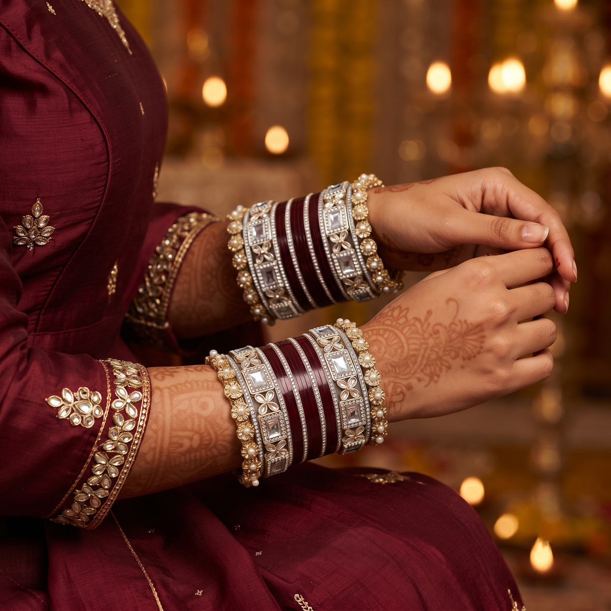AYSIMA Manasvi – Maroon Bridal Bangles with Floral Kadas & Pearl-Look Accents - 40 pieces