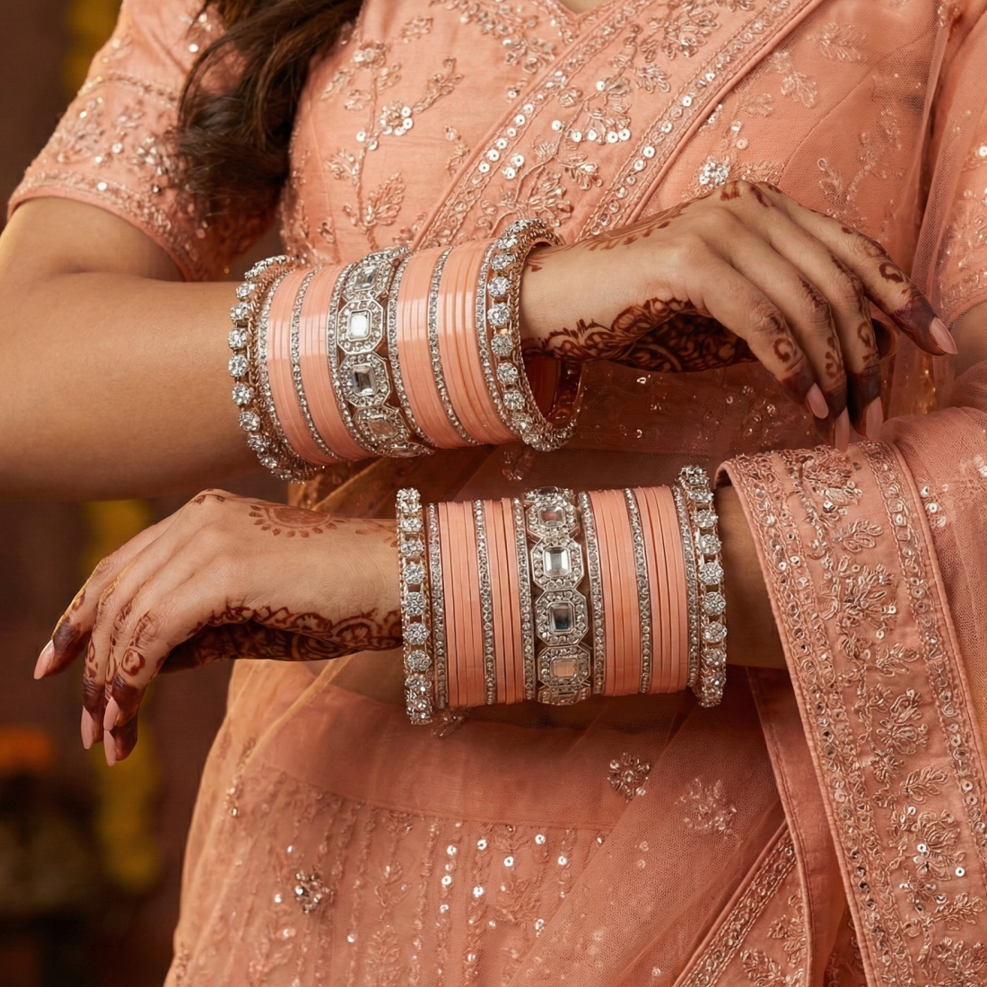 AYSIMA Blush Elegance – Peach 42-Piece Bridal Bangle Set with Statement Kada