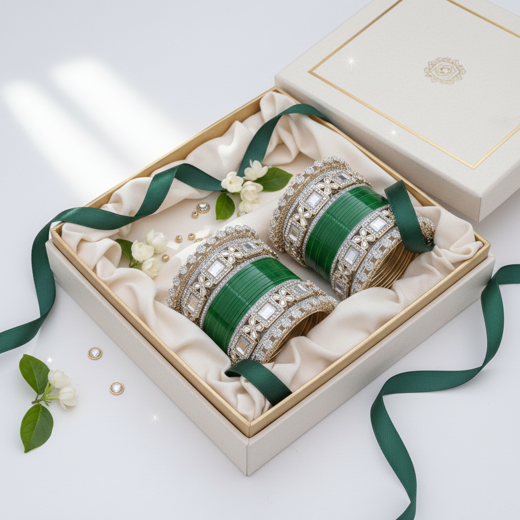 AYSIMA Vanya – Green Bridal Bangles with Floral Kadas - 36 pieces