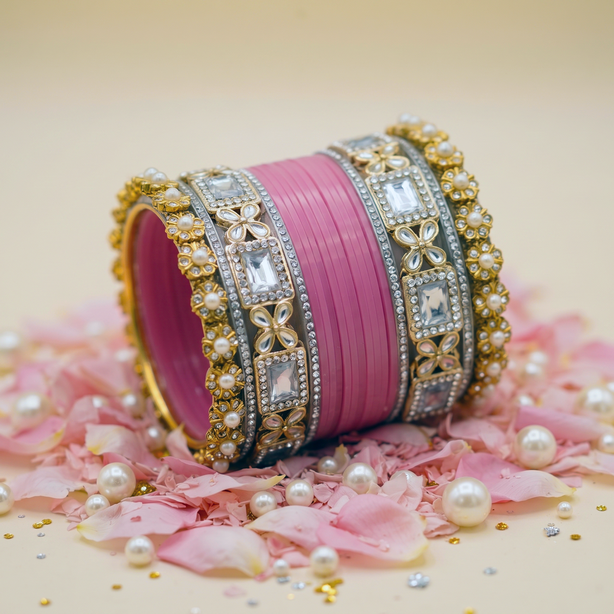 AYSIMA Pink Bridal Bangle Set with Kundan-Style Kadas – 36 Pieces