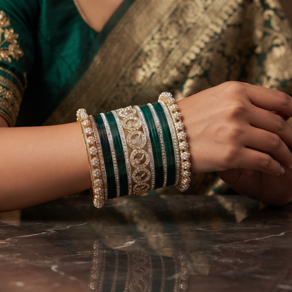 AYSIMA Vasudha – Bottle Green Bridal Bangle Set with Gold-Tone Floral Kadas - 42 pieces