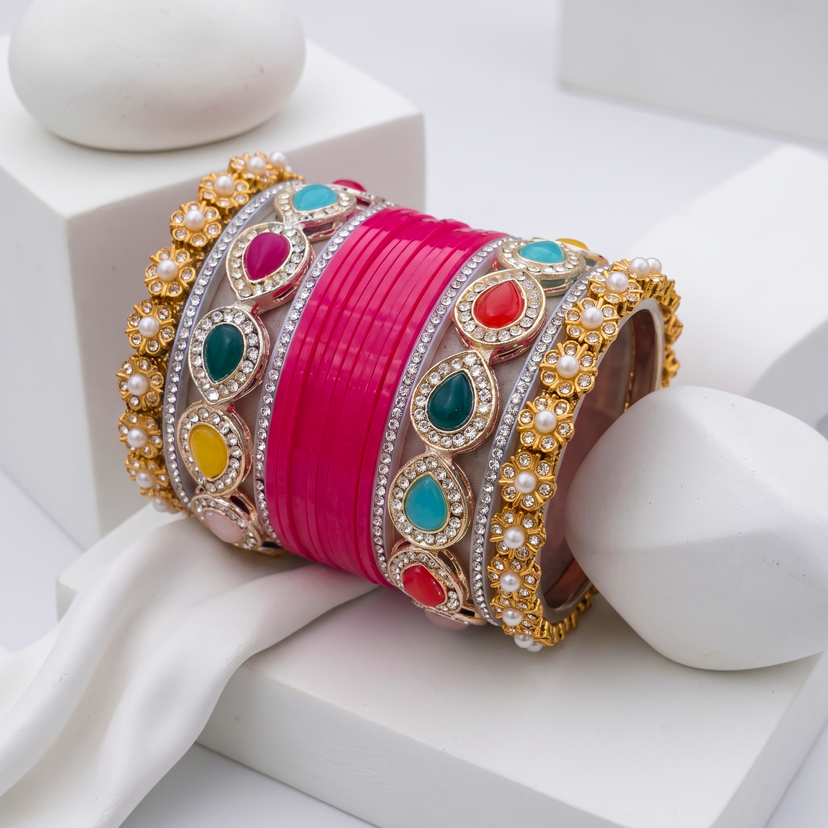 AYSIMA Rani Pink Bridal Chura & Kada Set – Rangoli - 36 pieces