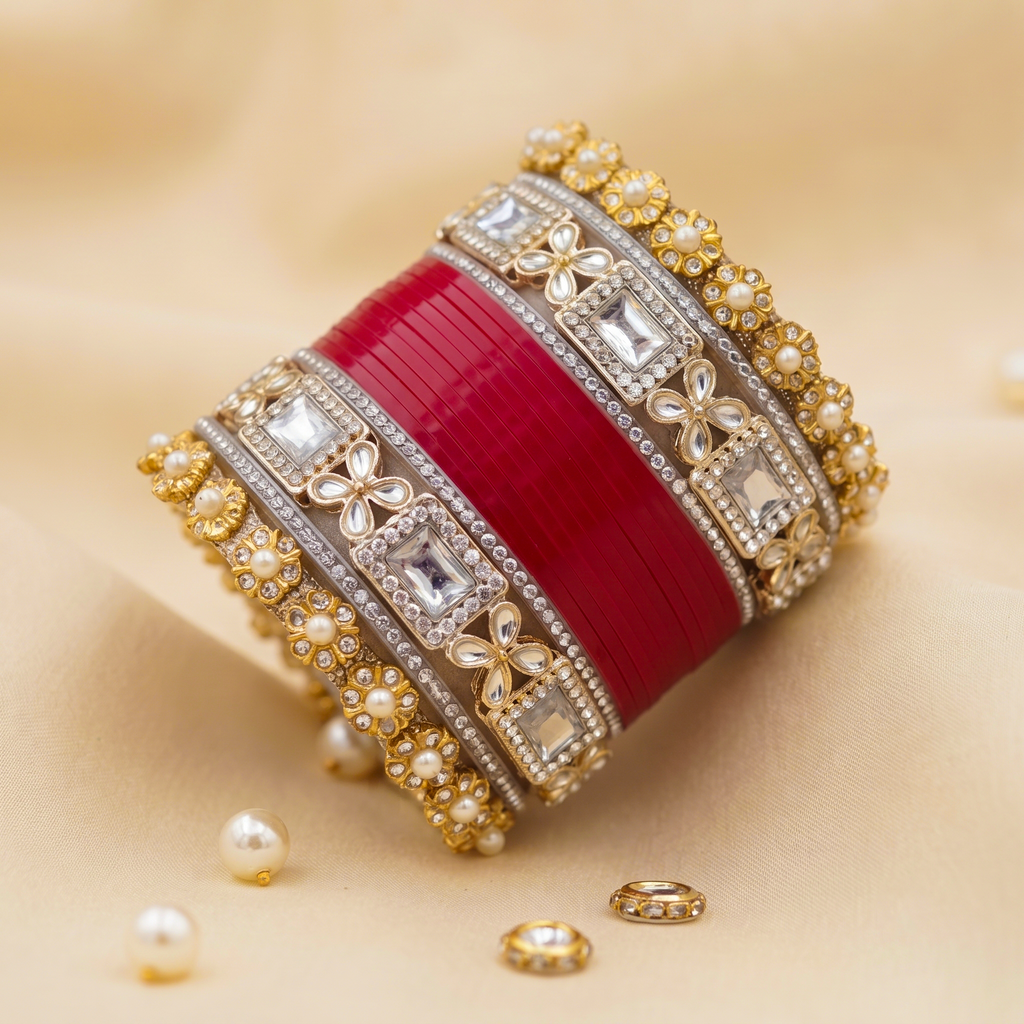 AYSIMA Red Bridal Bangle Set with Kundan-Style Kadas – 36 Pieces
