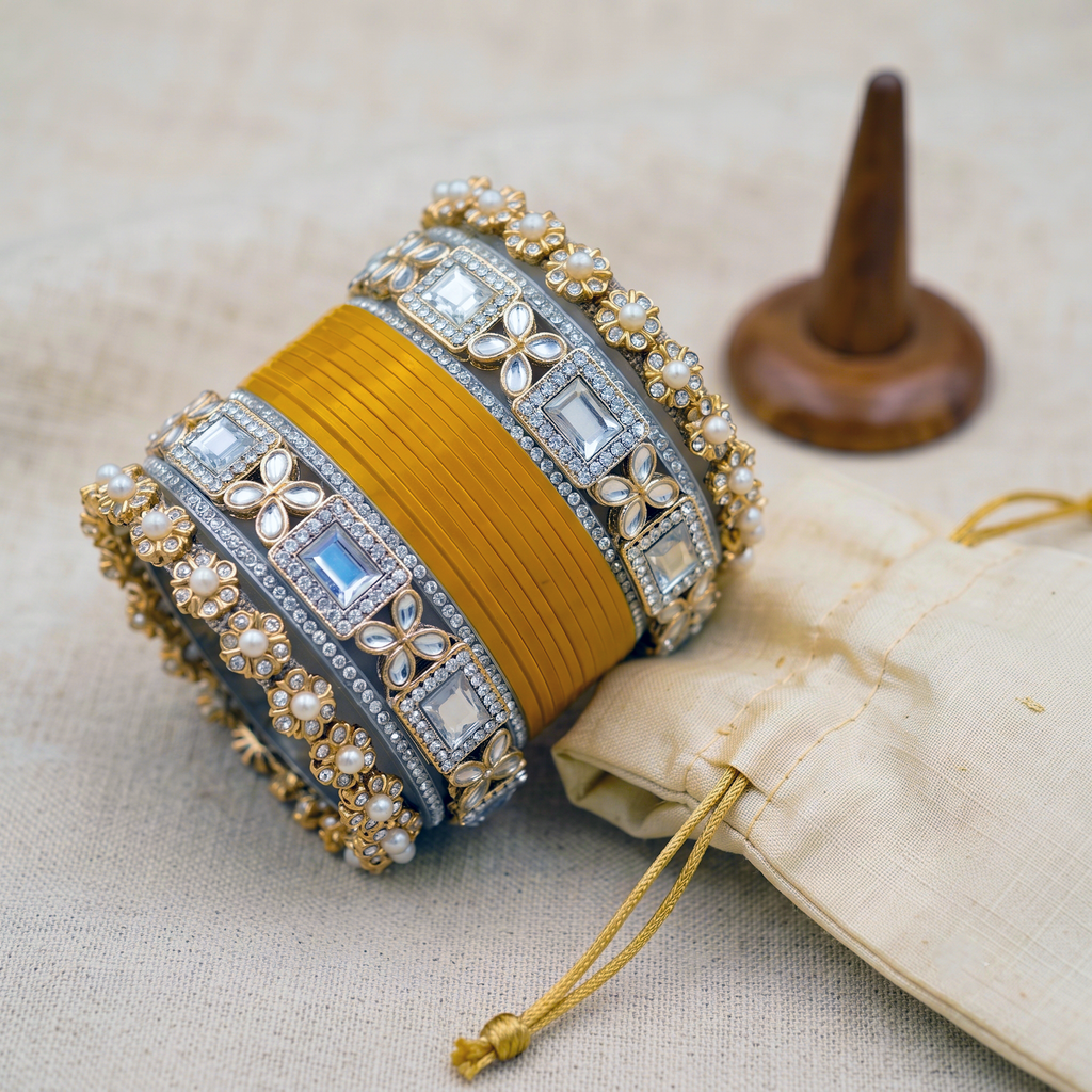 AYSIMA Mustard Yellow Bridal Chura & Kangan Bangle Set - 36 pieces