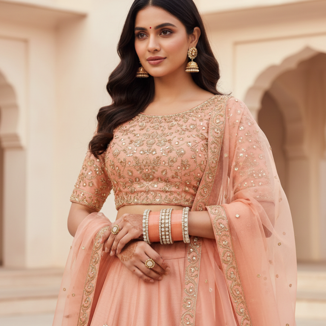 AYSIMA Mrinalika Peach Bridal Bangle Set with Floral Kadas - 56 pieces