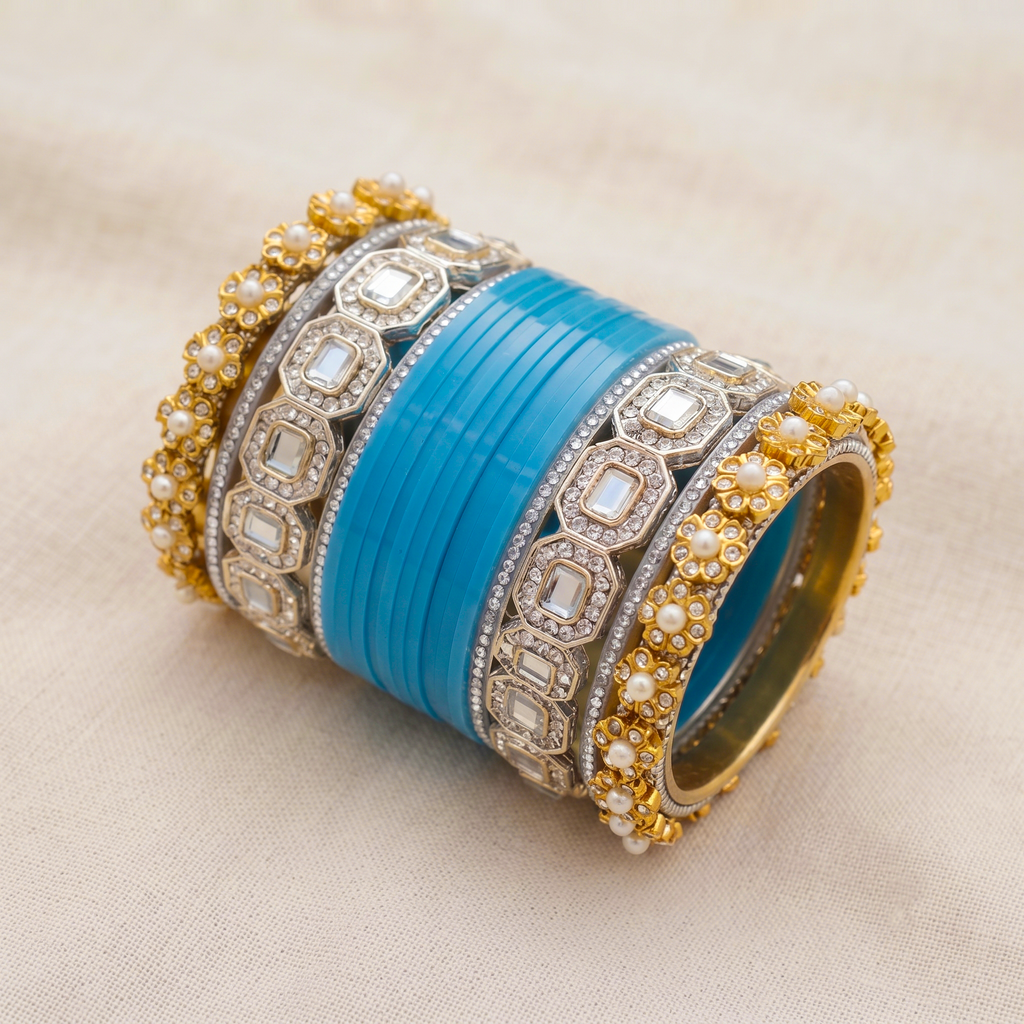 AYSIMA Neelakshi – Turquoise Blue Bridal Bangle Set with Decorative Kadas | 36 Pieces