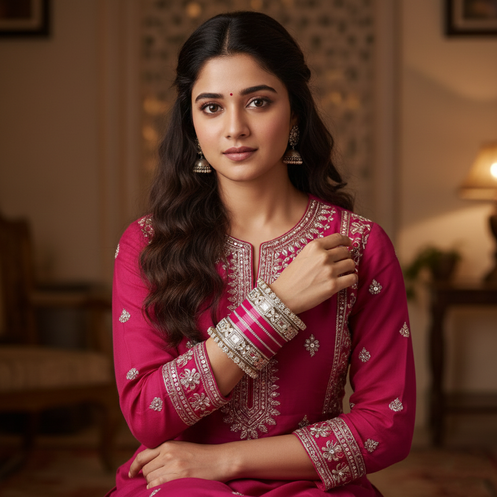 AYSIMA Manjari – Rani Pink Bridal Bangle Set with Floral Kadas - 40 pieces