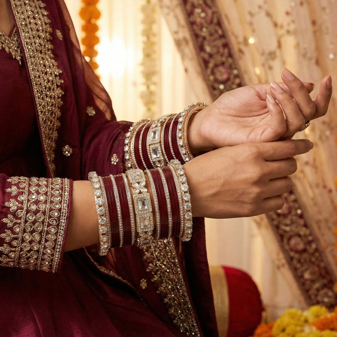 AYSIMA Raagini Maroon Bridal Bangle Set for Women | Wedding Bangles & Floral Kadas