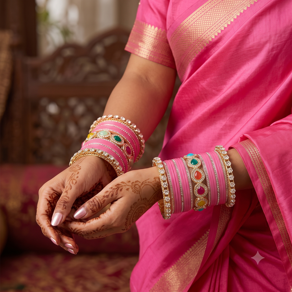AYSIMA Pankhuri Pink Bridal Bangle Set with Multicolour Kada
