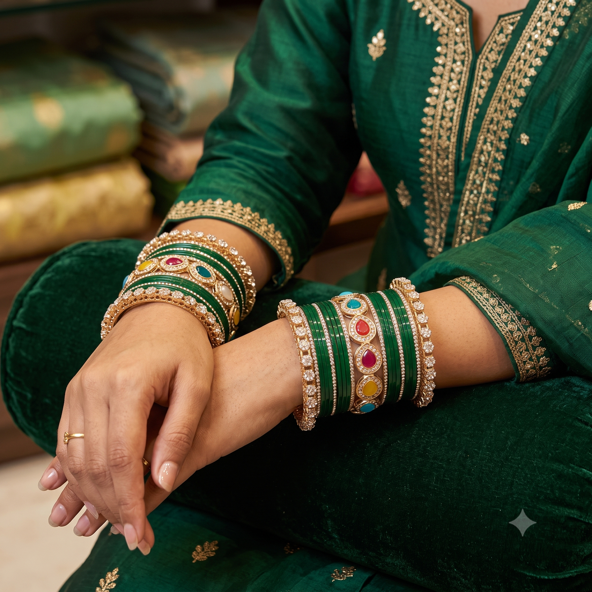 AYSIMA Harini Green Bridal Bangle Set with Multicolour Kadas