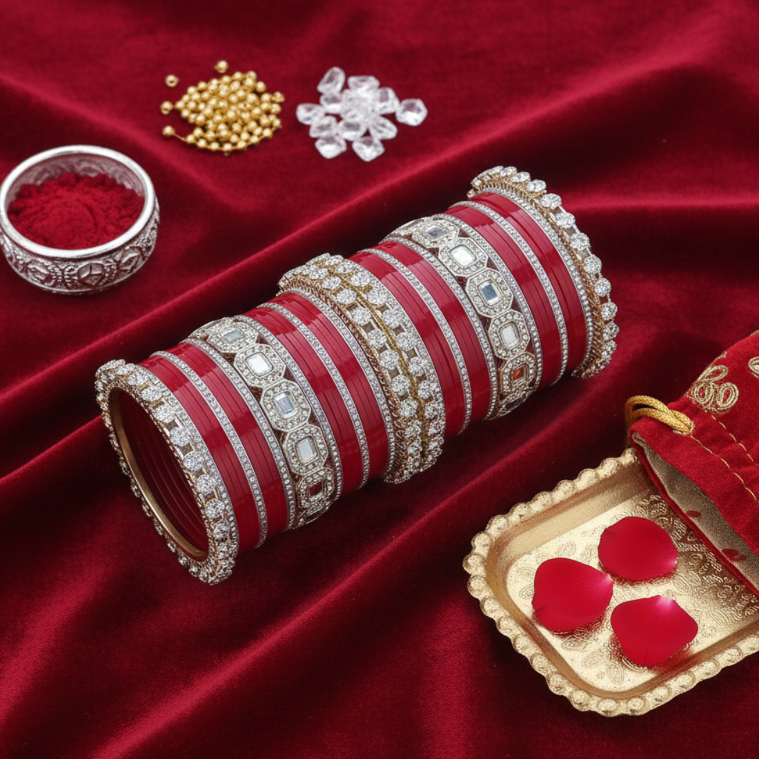 AYSIMA Crimson Grace – Red 42-Piece Bridal Bangle Set with Statement Kada