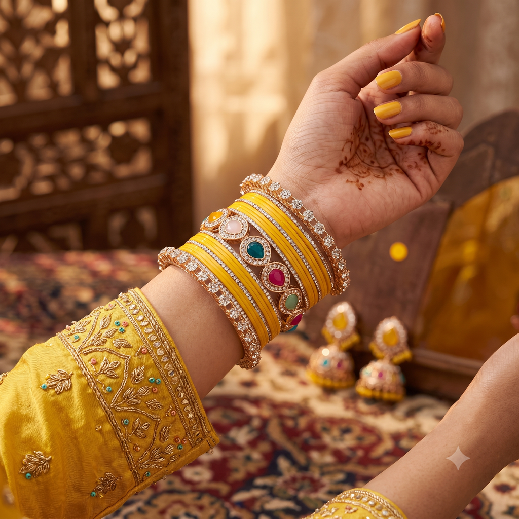 AYSIMA Kanika Yellow Haldi Bangle Set with Multicolour Bridal Kada