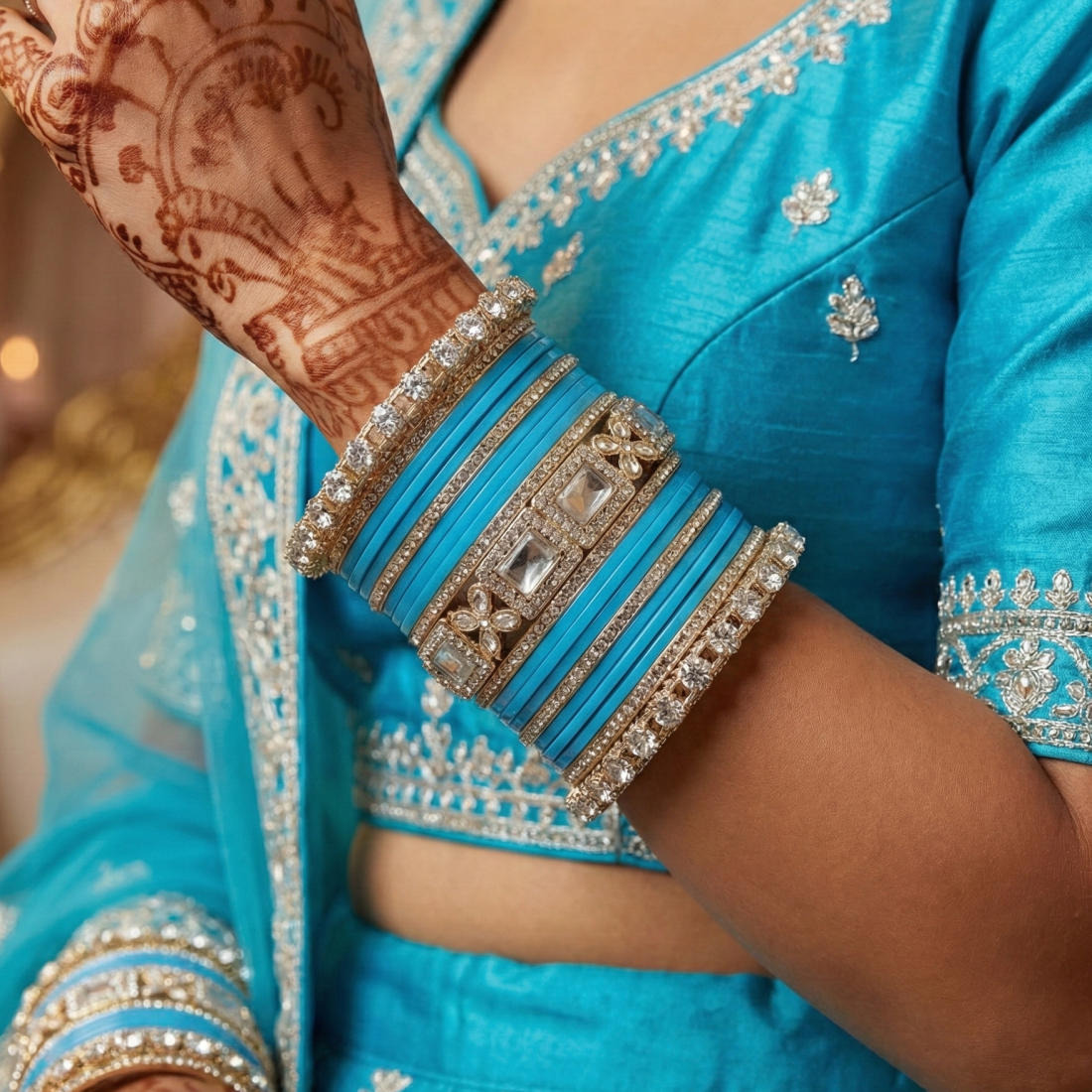 AYSIMA Ambara Sky Blue Bangle Set for Women | Bridal Wedding Bangles with Floral Kadas