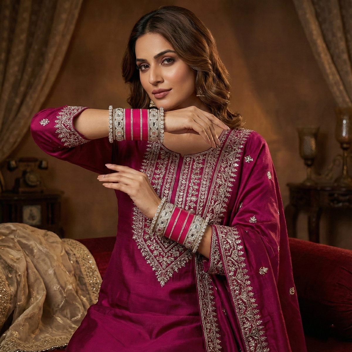 AYSIMA Rani Pink Bridal Bangles & Pachari Kadas | Ishani - 40 pieces