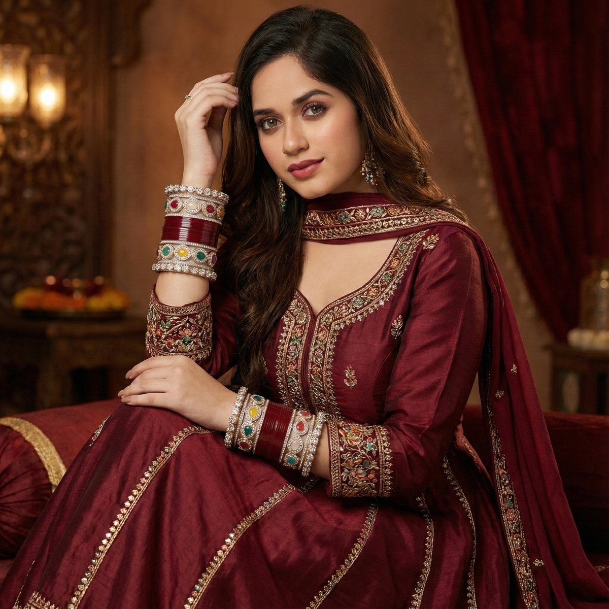 Maroon Bridal Bangles & Multicolour Kadas | AYSIMA Rasika - 36 pieces