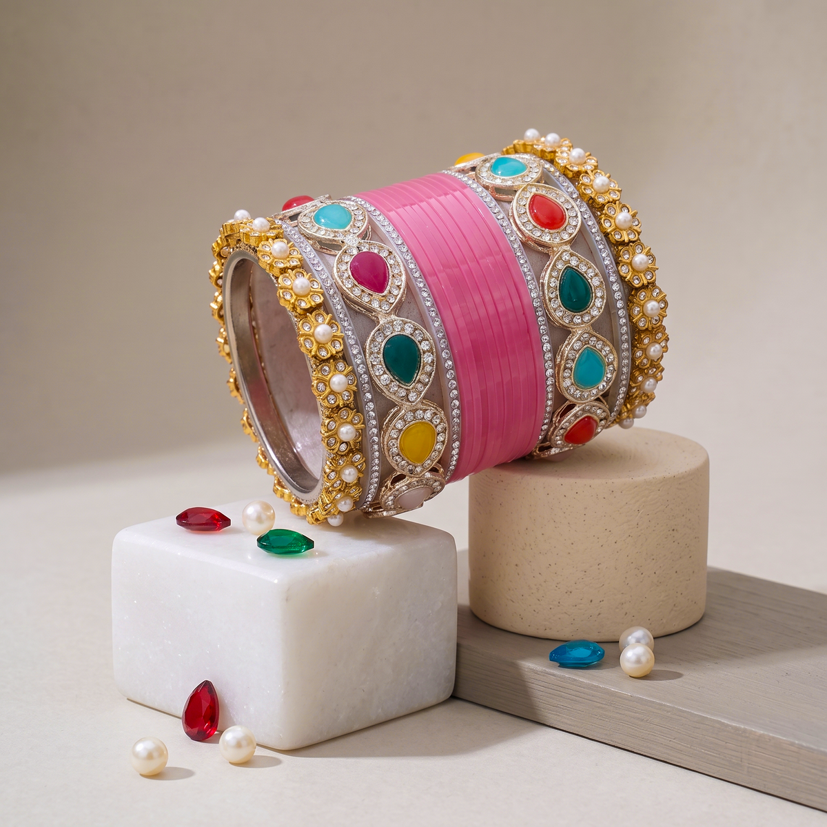 AYSIMA Pink Bridal Bangles & Multicolour Kadas - 36 pieces