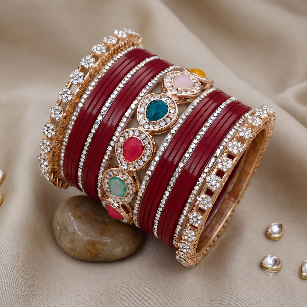 AYSIMA Rajnandini Maroon Bridal Bangle Set with Multicolour Kada