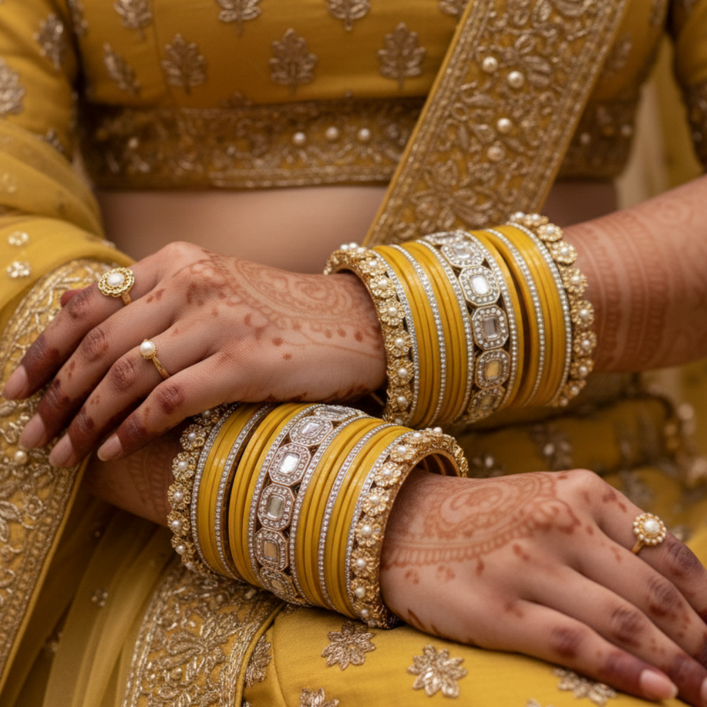 AYSIMA Kanakshree – Golden Yellow Bridal Bangle Set with Statement Kada - 42 pieces