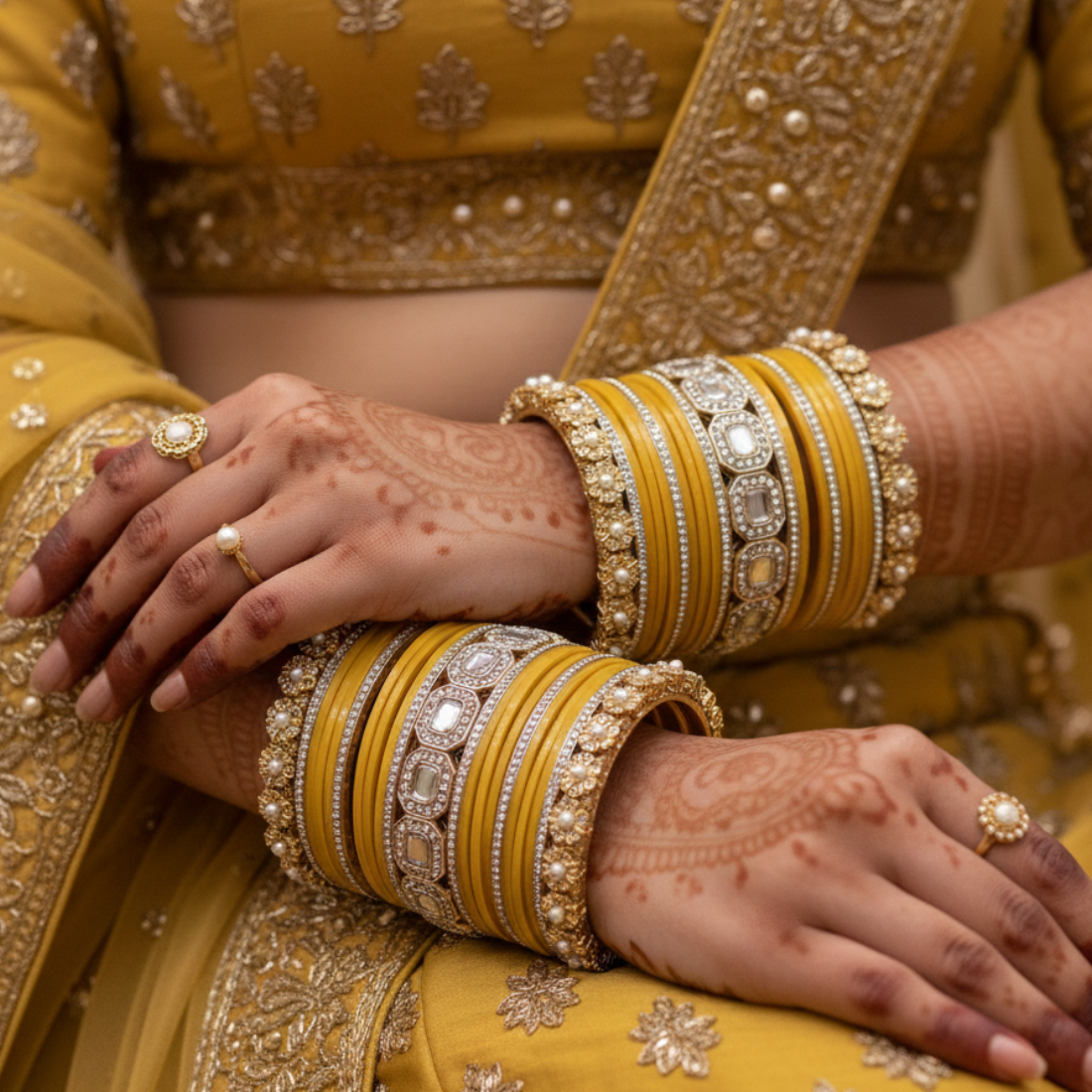 AYSIMA Kanakshree – Golden Yellow Bridal Bangle Set with Statement Kada - 42 pieces