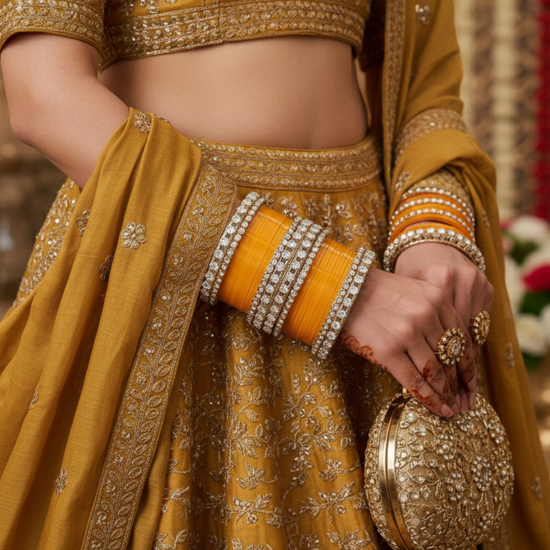 AYSIMA Marigold Royale – Mustard Yellow 56-Piece Bridal Bangle Set with Statement Kada