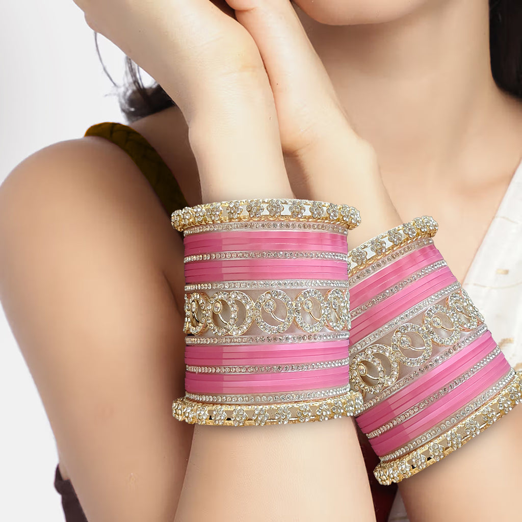 AYSIMA Gauri – Pink Bridal Bangle Set with Gold-Tone Floral Kadas - 42 pieces