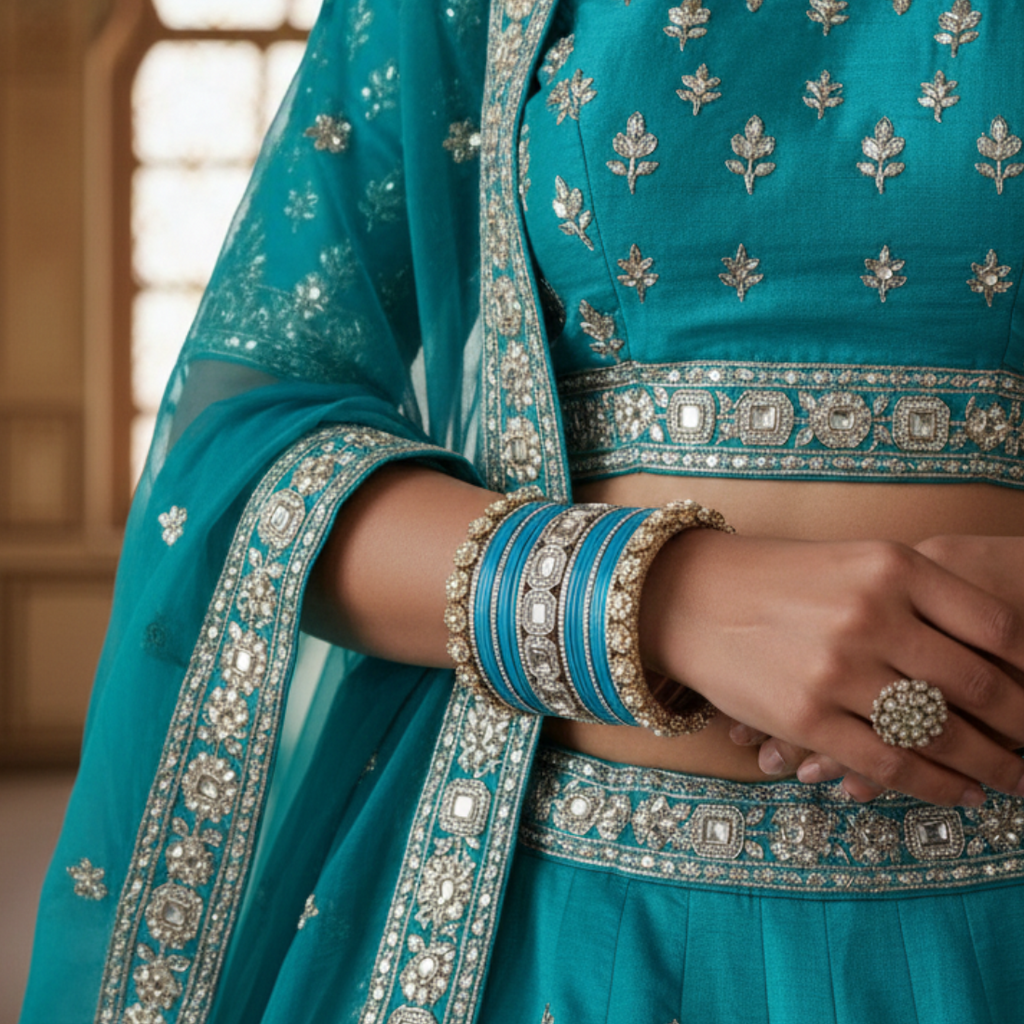 AYSIMA Sapphire Teal Royale – Blue 42-Piece Bridal Bangle Set with Statement Kada
