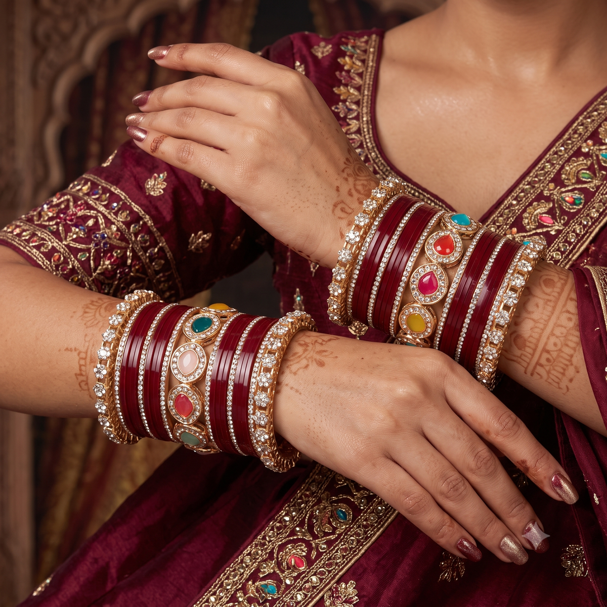 AYSIMA Rajnandini Maroon Bridal Bangle Set with Multicolour Kada