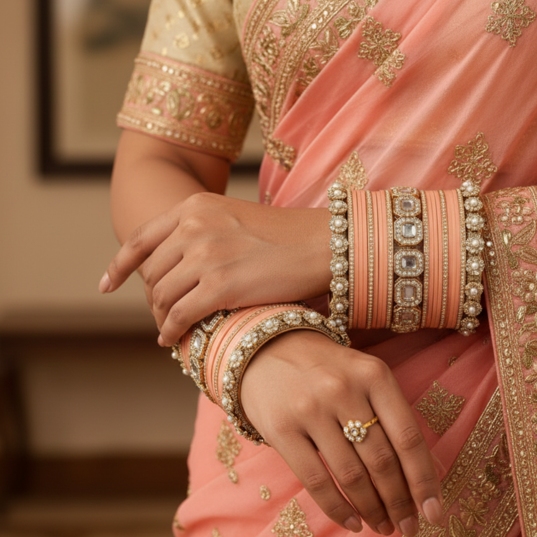 AYSIMA – Peach Bridal Bangle Set with Statement Kada - 42 pieces