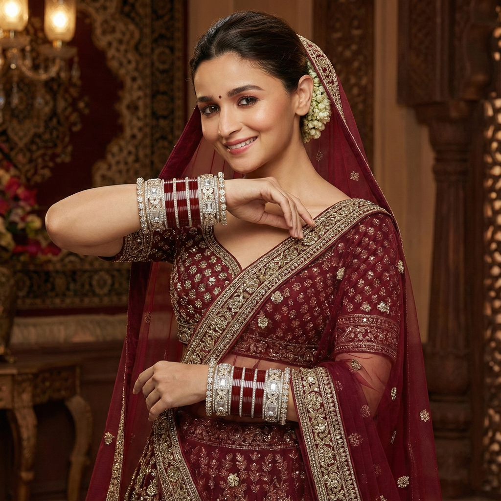 AYSIMA Rajshree – Maroon Bridal Bangle Set with Floral Kadas - 40 pieces