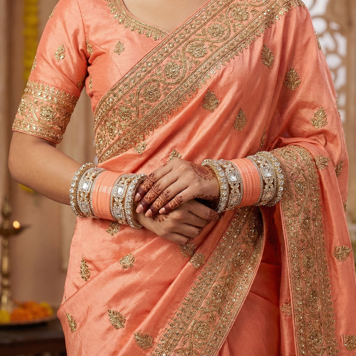 AYSIMA Aarohi – Peach Bridal Chura &amp; Floral Kada Set - 36 pieces