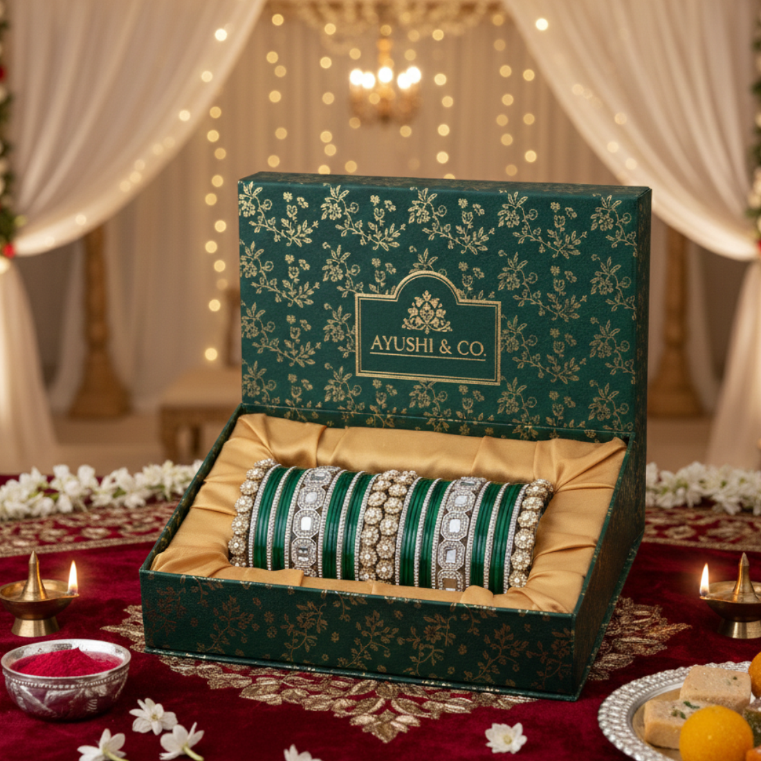 AYSIMA Haritika – Emerald Green Bridal Bangle Set with Statement Kada - 42 pieces