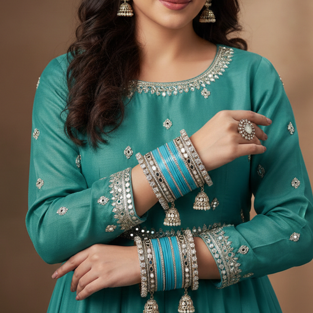AYSIMA Neelakshi – Aqua Blue Bridal Bangle Set with Mirror-Look Kadas & Jhumka Charms - 40 pieces