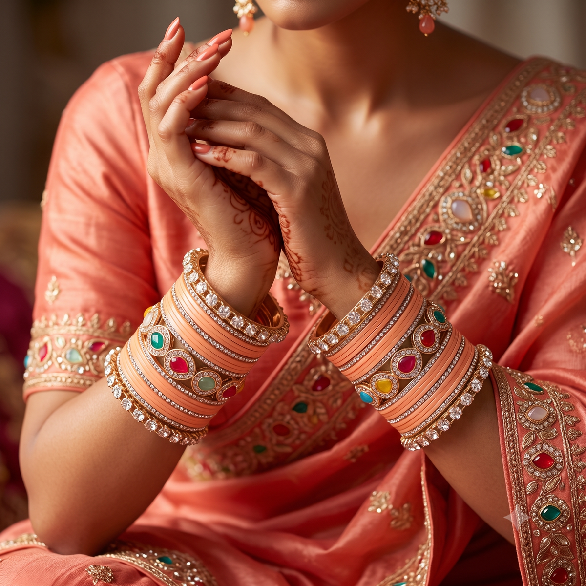 AYSIMA Aarohi Peach Bridal Bangle Set with Multicolour Kada