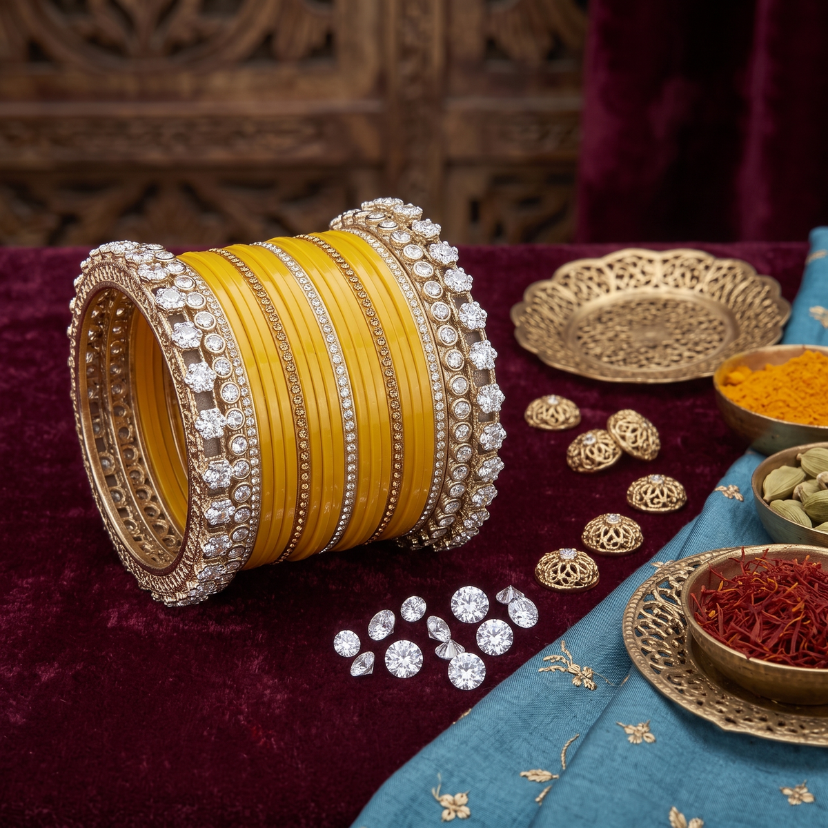 AYSIMA Sunehri Utsav – 42-Piece Mustard Yellow Bangle Set with Kadas