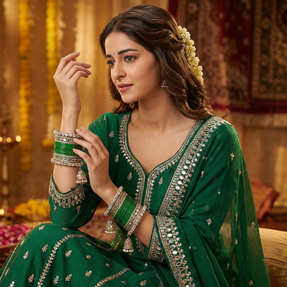 AYSIMA Suhani – Green Bridal Bangle Set with Jhumka Charms - 36 pieces