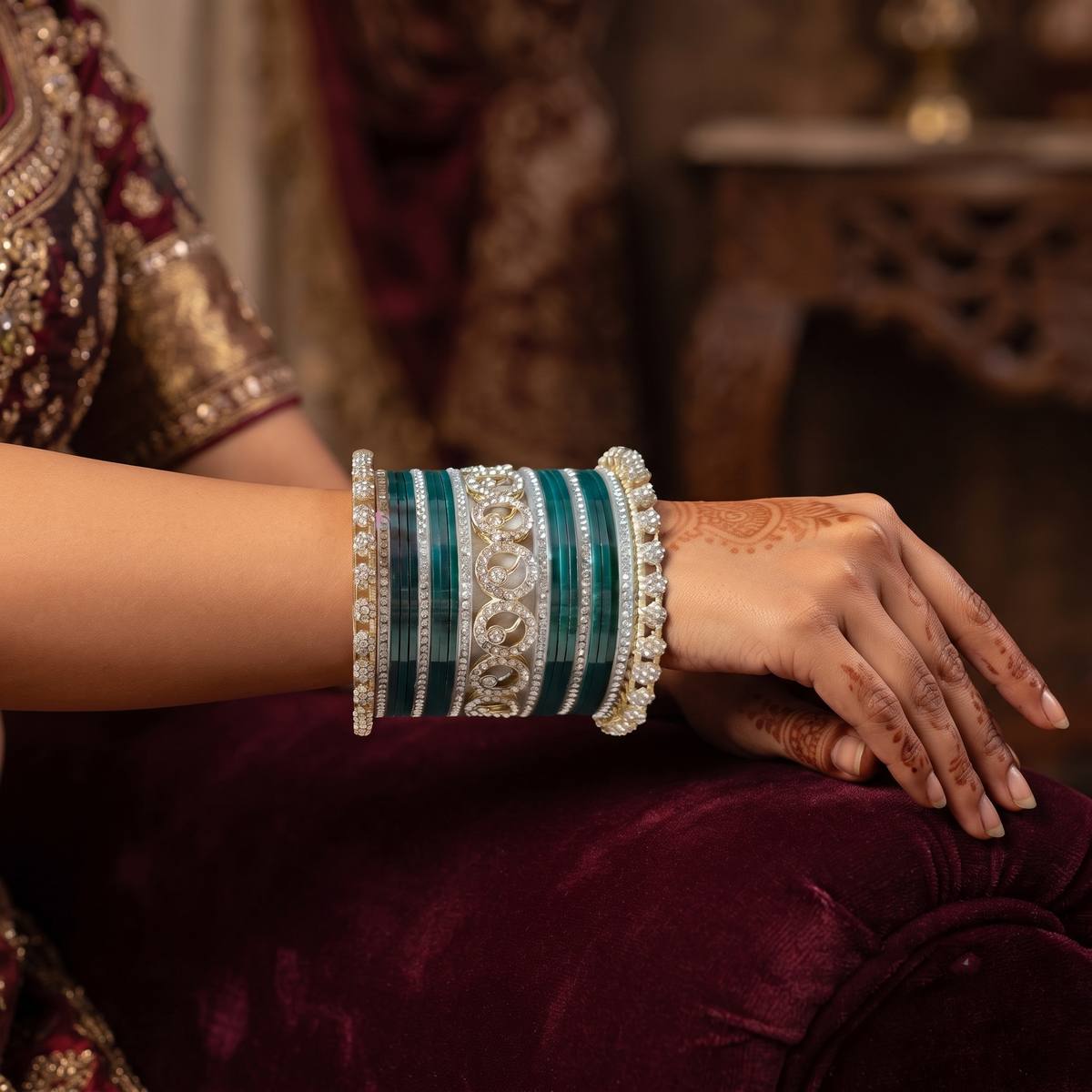 AYSIMA Vasudha – Bottle Green Bridal Bangle Set with Gold-Tone Floral Kadas - 42 pieces