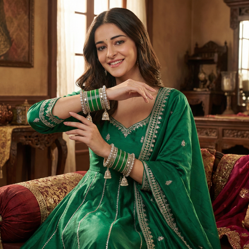 AYSIMA Aranya – Green Mehendi Bangle Set with Jhumka Charms - 40 pieces