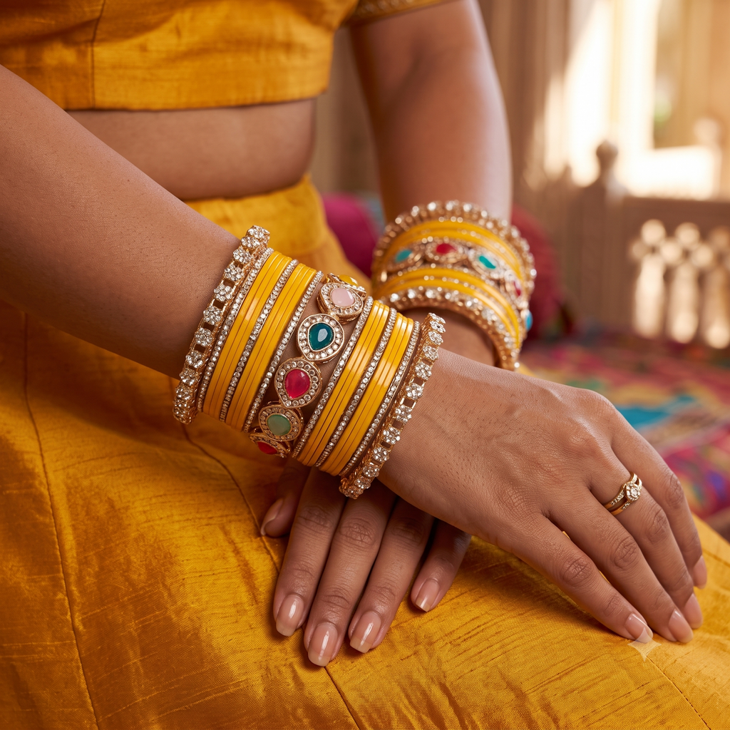 AYSIMA Kanika Yellow Haldi Bangle Set with Multicolour Bridal Kada