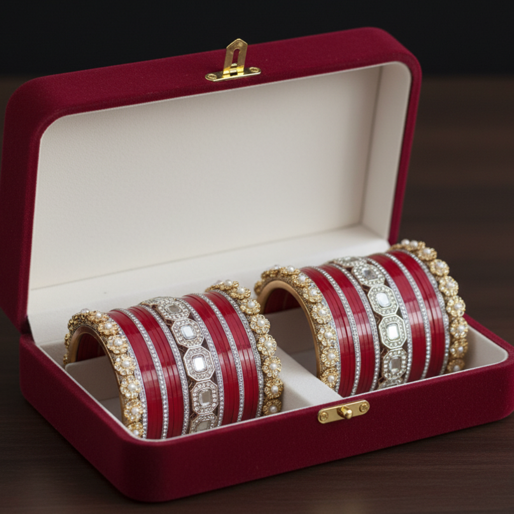 AYSIMA Crimson Royale – Red Bridal 42-Piece Bangle Set with Designer Kada
