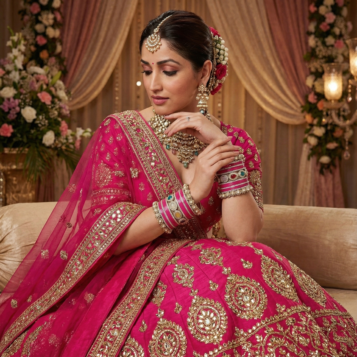 AYSIMA Rani Shringar – Rani Pink Bridal Bangle Set with Statement Kada - 42 pieces