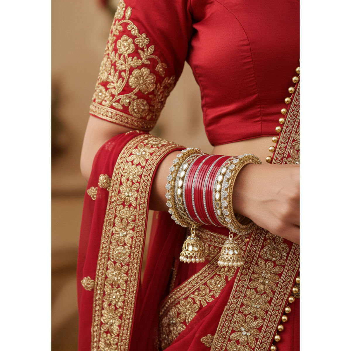 AYSIMA Aaradhya – Red Bridal Chura Bangles with Mirror-Look Kadas & Jhumka Charms - 40 pieces