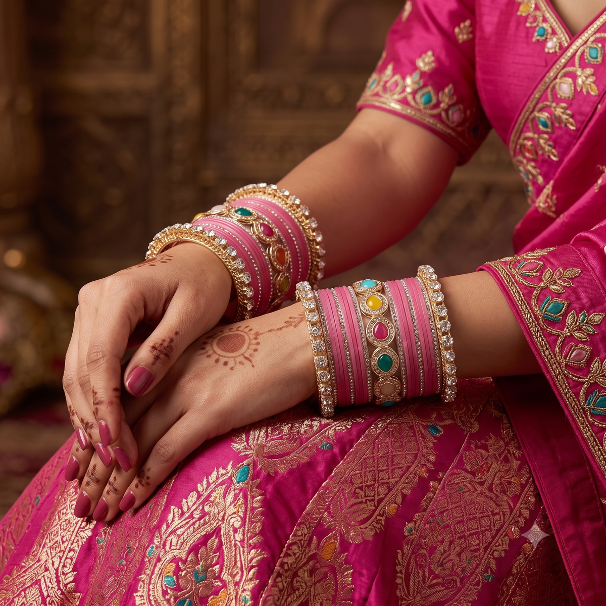 AYSIMA Pankhuri Pink Bridal Bangle Set with Multicolour Kada