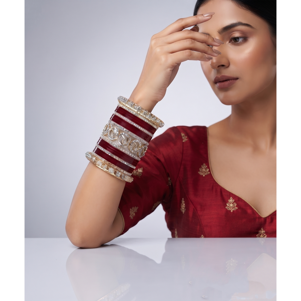 AYSIMA Samaira – Maroon Bridal Bangle Set with Gold-Tone Floral Kadas - 42 pieces